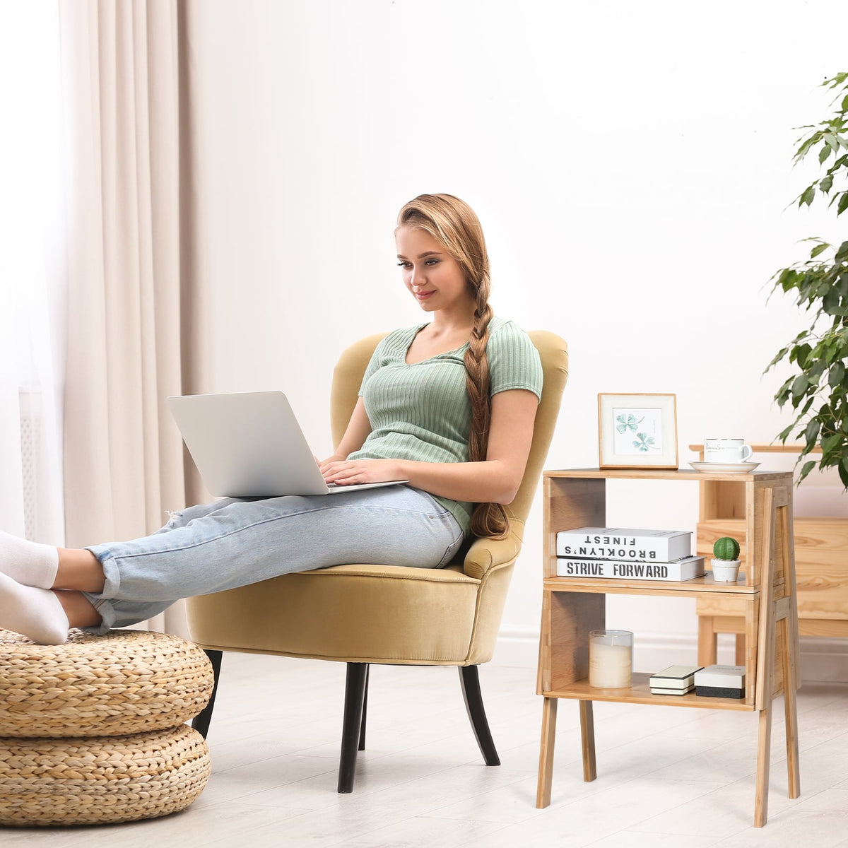2 Pieces Bamboo Nightstand Sofa Table with Storage Shelf-End & Side Tables-DECOROLALA