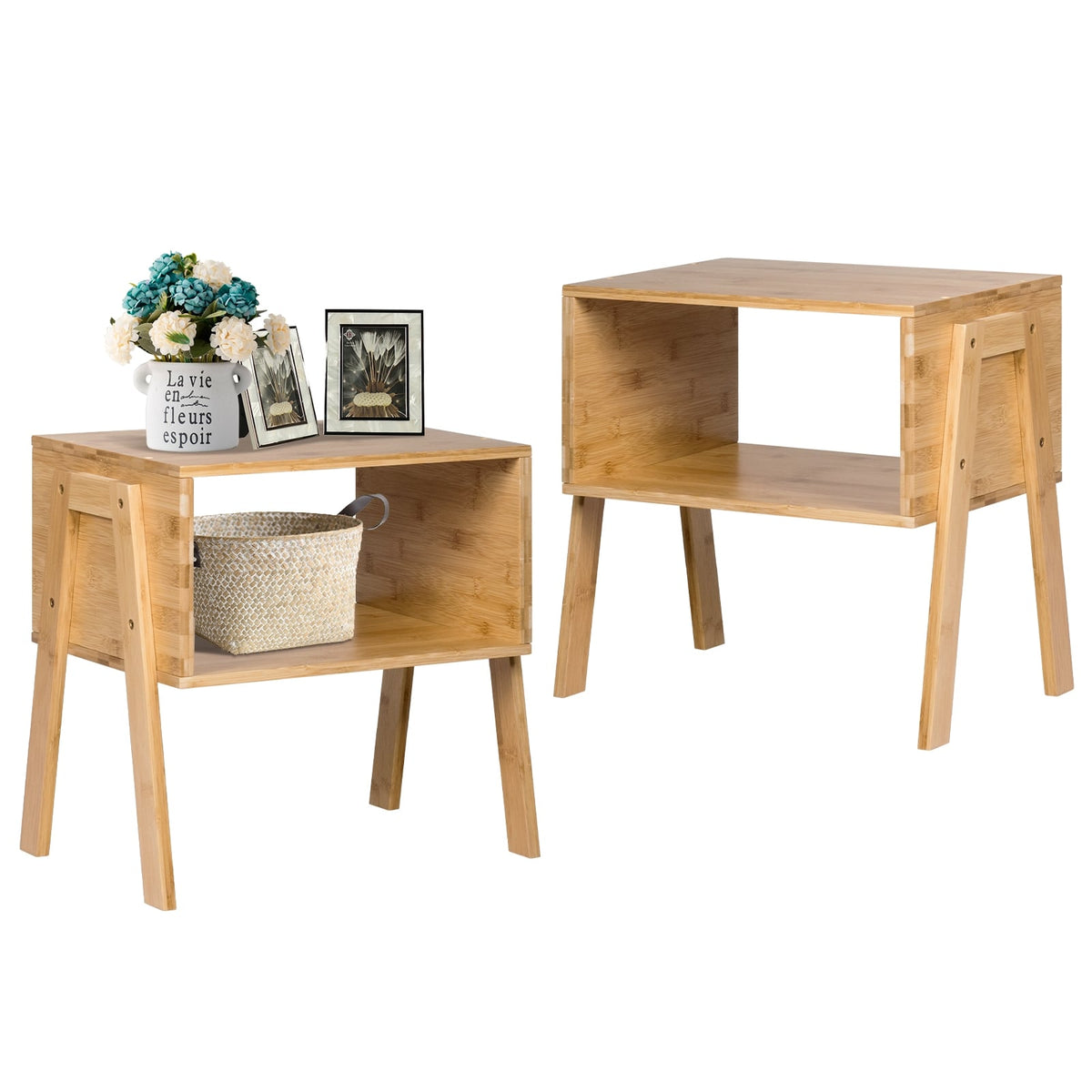 2 Pieces Bamboo Nightstand Sofa Table with Storage Shelf-End & Side Tables-DECOROLALA
