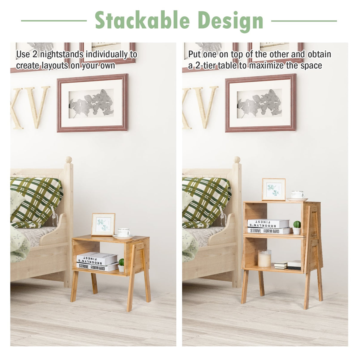 2 Pieces Bamboo Nightstand Sofa Table with Storage Shelf-End & Side Tables-DECOROLALA