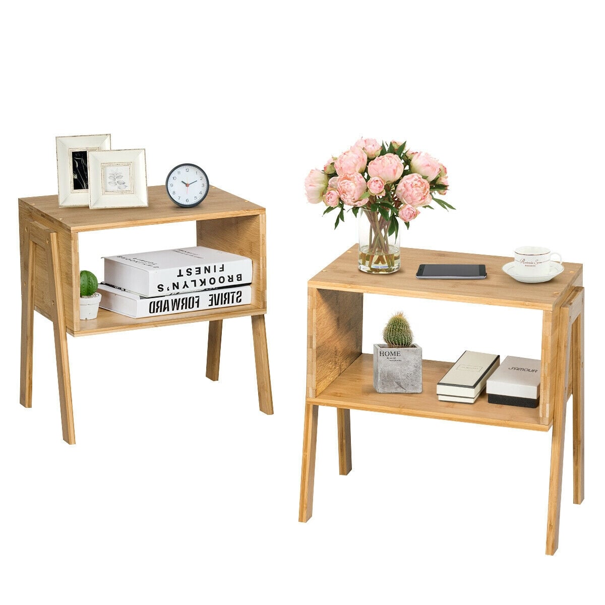2 Pieces Bamboo Nightstand Sofa Table with Storage Shelf-End & Side Tables-DECOROLALA
