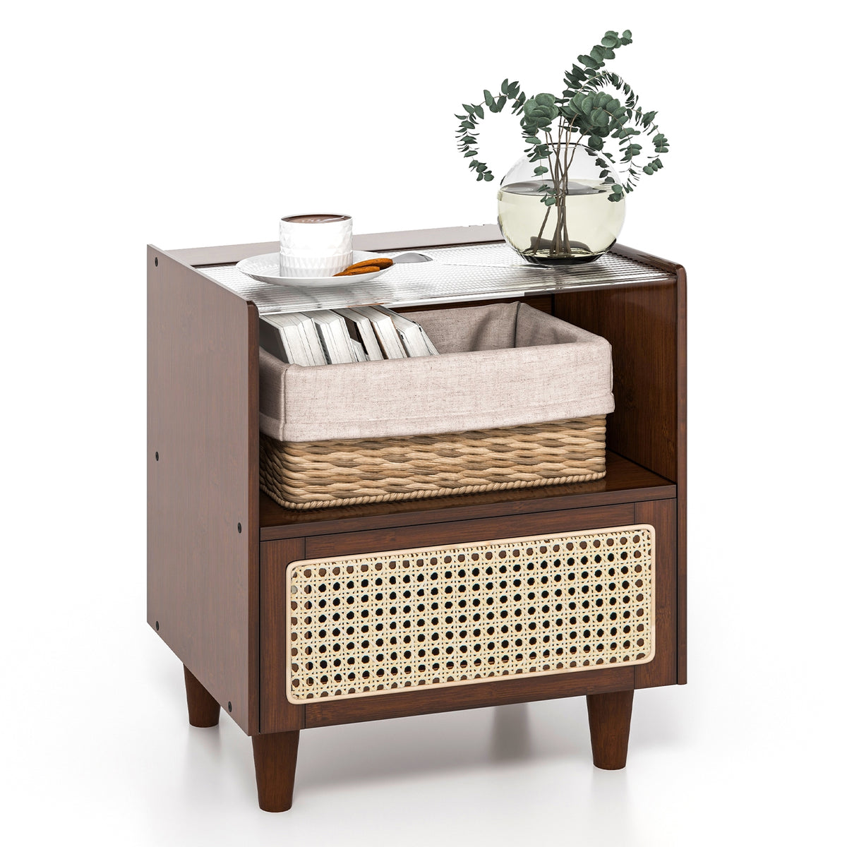 2 Pieces Bamboo Rattan Nightstand with Drawer and Solid Wood Legs-Brown-Nightstands-DECOROLALA