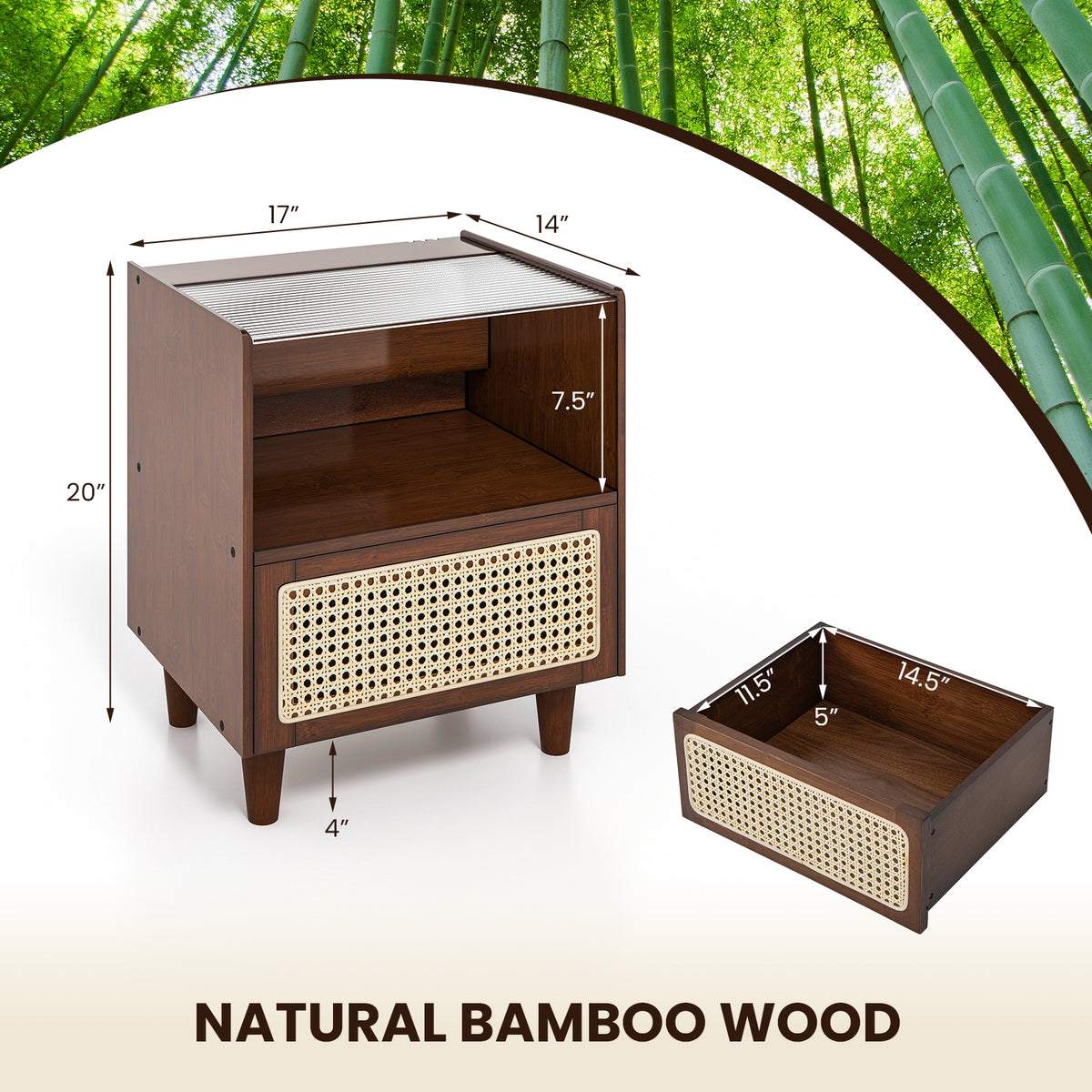 2 Pieces Bamboo Rattan Nightstand with Drawer and Solid Wood Legs-Brown-Nightstands-DECOROLALA