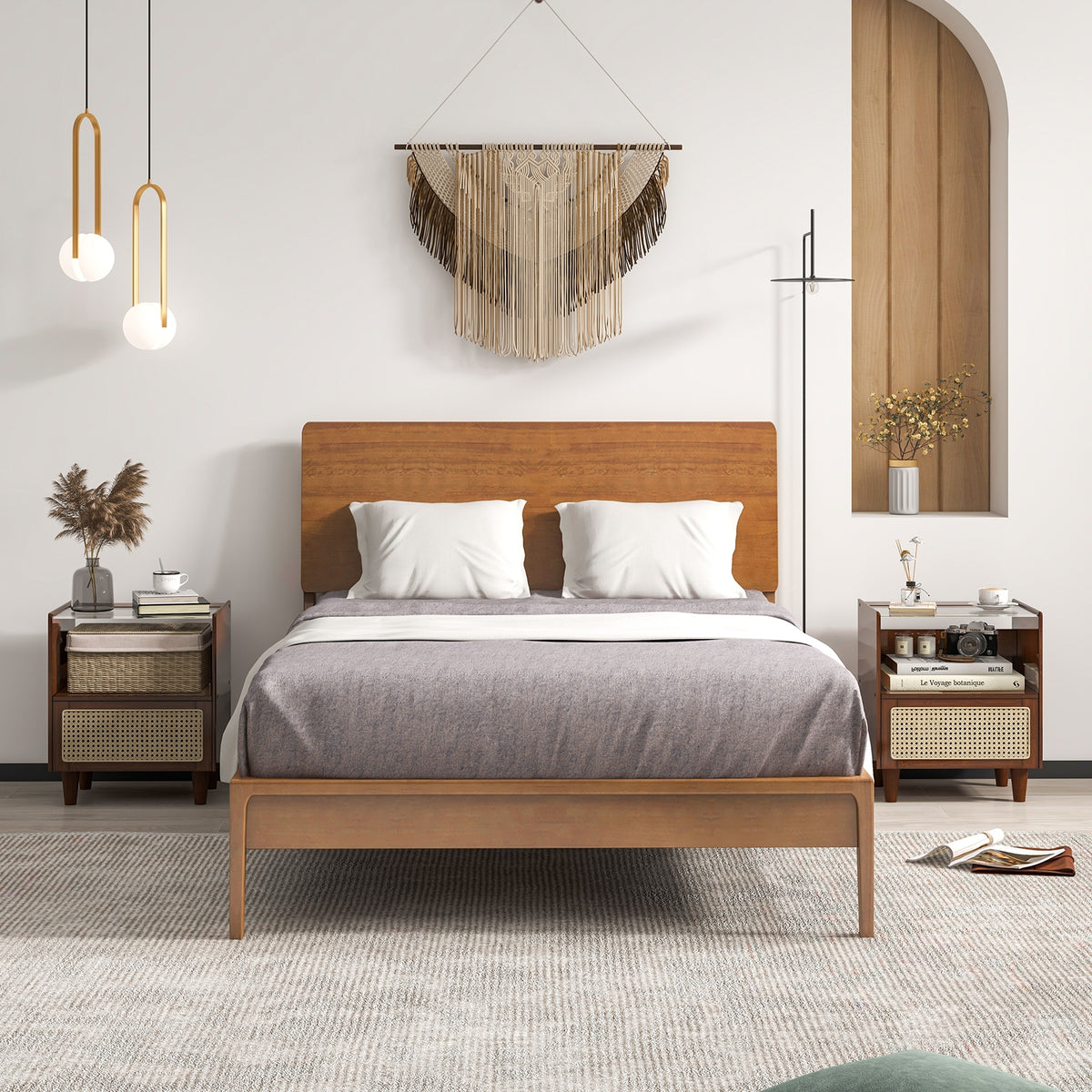 2 Pieces Bamboo Rattan Nightstand with Drawer and Solid Wood Legs-Brown-Nightstands-DECOROLALA