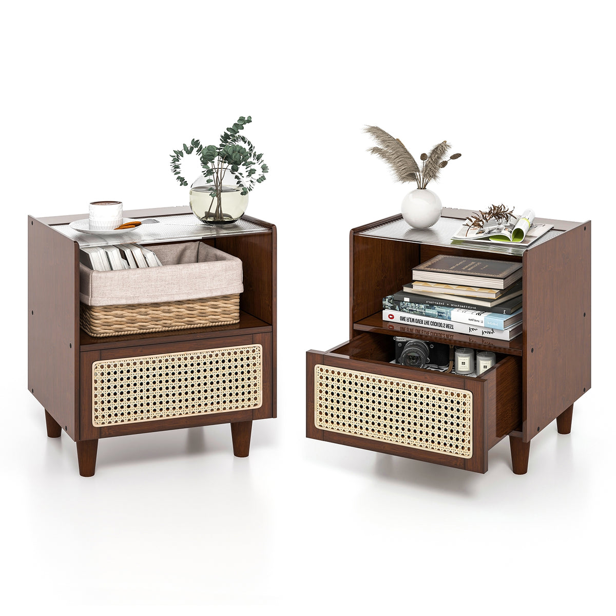 2 Pieces Bamboo Rattan Nightstand with Drawer and Solid Wood Legs-Brown-Nightstands-DECOROLALA