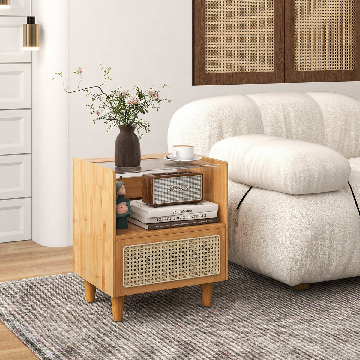 2 Pieces Bamboo Rattan Nightstand with Drawer and Solid Wood Legs-Natural-Nightstands-DECOROLALA