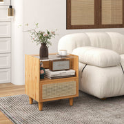 2 Pieces Bamboo Rattan Nightstand with Drawer and Solid Wood Legs-Natural-Nightstands-DECOROLALA