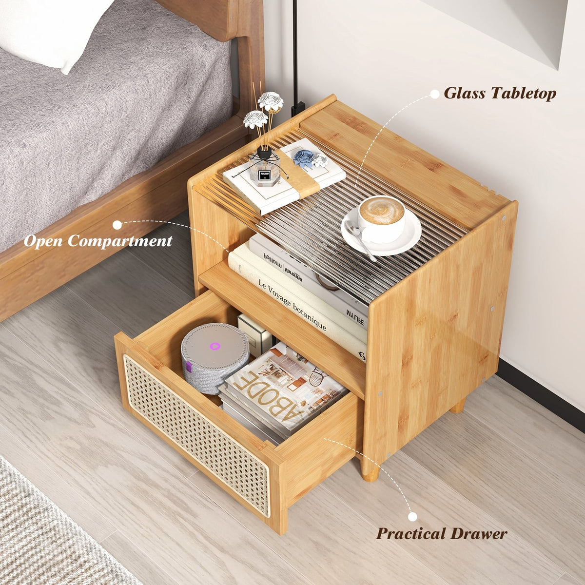 2 Pieces Bamboo Rattan Nightstand with Drawer and Solid Wood Legs-Natural-Nightstands-DECOROLALA