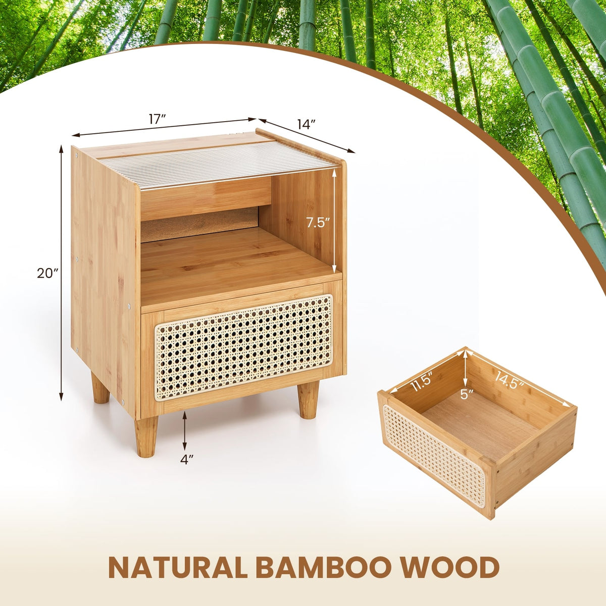 2 Pieces Bamboo Rattan Nightstand with Drawer and Solid Wood Legs-Natural-Nightstands-DECOROLALA