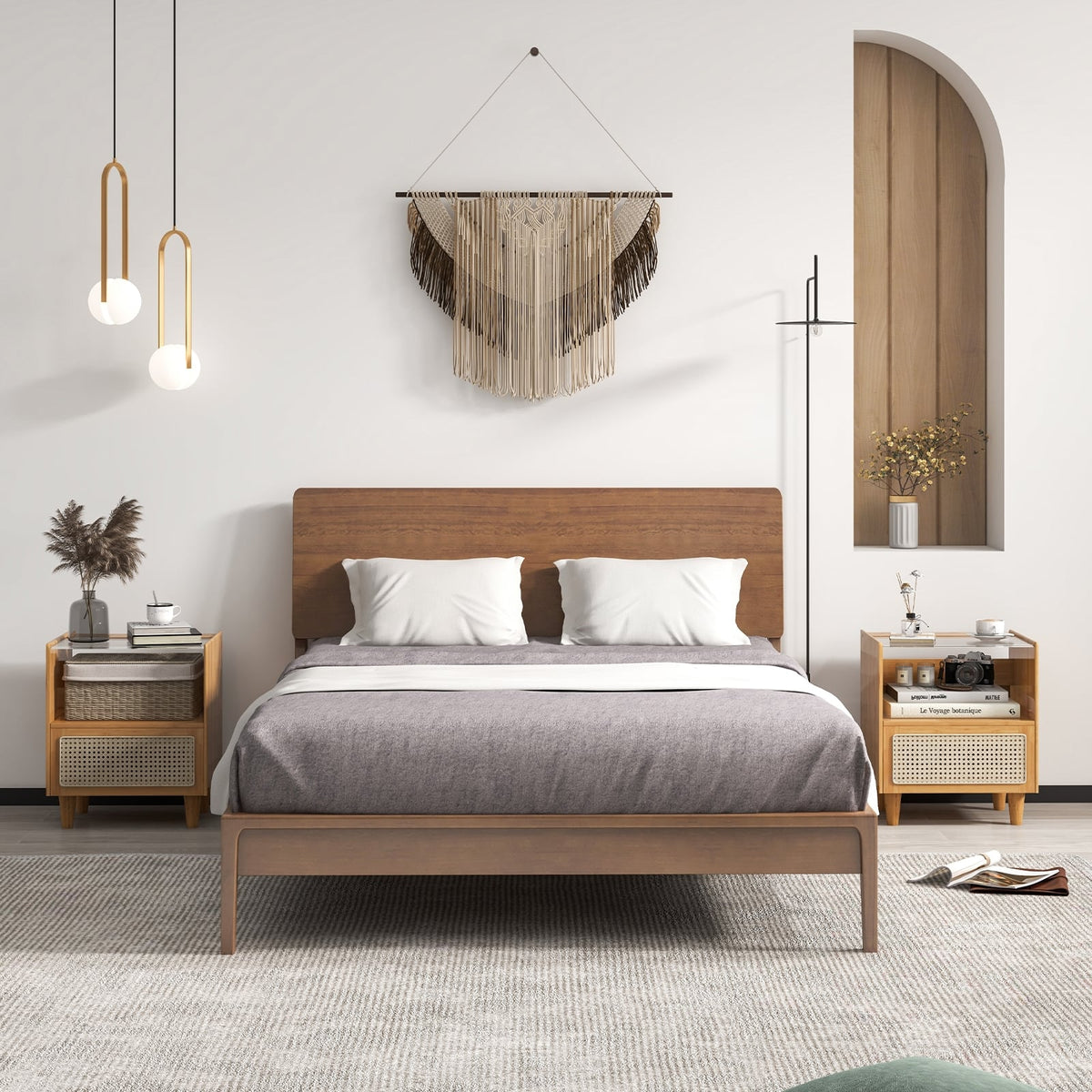 2 Pieces Bamboo Rattan Nightstand with Drawer and Solid Wood Legs-Natural-Nightstands-DECOROLALA