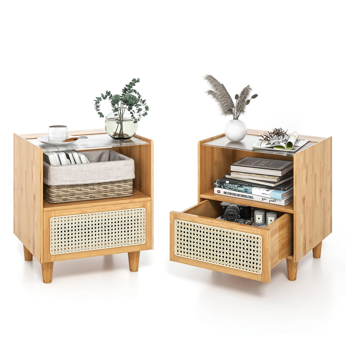 2 Pieces Bamboo Rattan Nightstand with Drawer and Solid Wood Legs-Natural-Nightstands-DECOROLALA