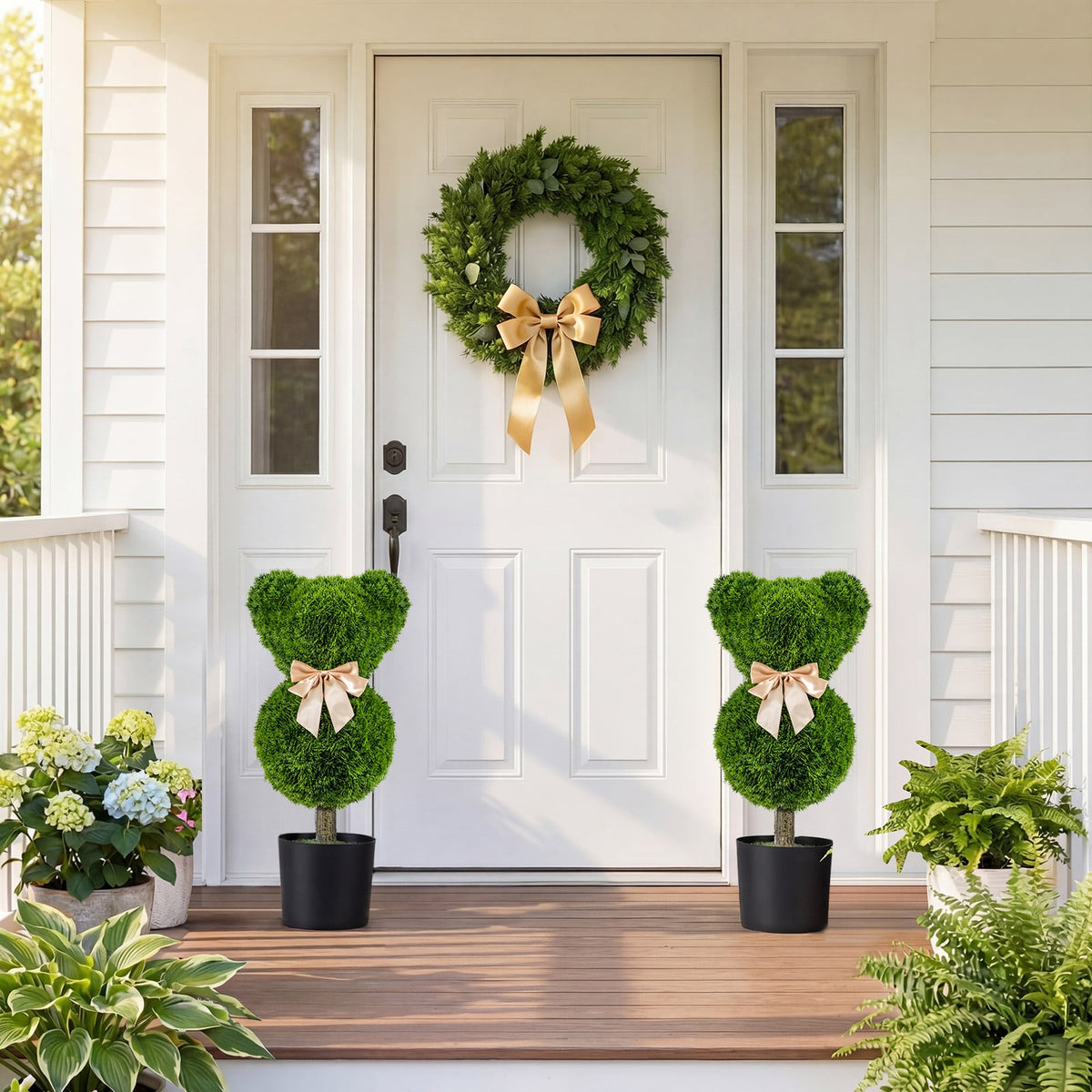 2 Pieces Bear Topiary Trees with Pots Sun-resistant Bear-Shaped Boxwood Faux Plants-Artificial Plants-DECOROLALA
