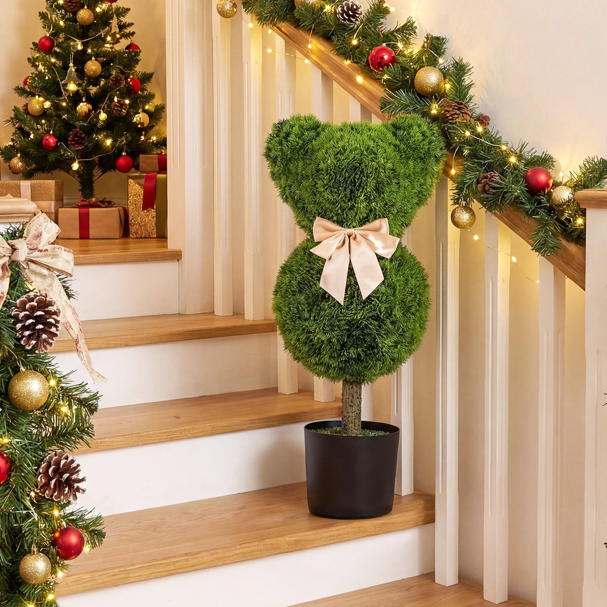 2 Pieces Bear Topiary Trees with Pots Sun-resistant Bear-Shaped Boxwood Faux Plants-Artificial Plants-DECOROLALA
