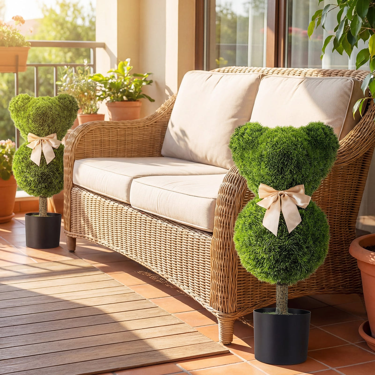 2 Pieces Bear Topiary Trees with Pots Sun-resistant Bear-Shaped Boxwood Faux Plants-Artificial Plants-DECOROLALA