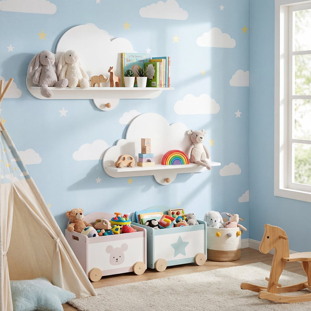 2 Pieces Floating Cloud Shelves Wall Mounted Storage Display Rack-White-Kids Storage-DECOROLALA