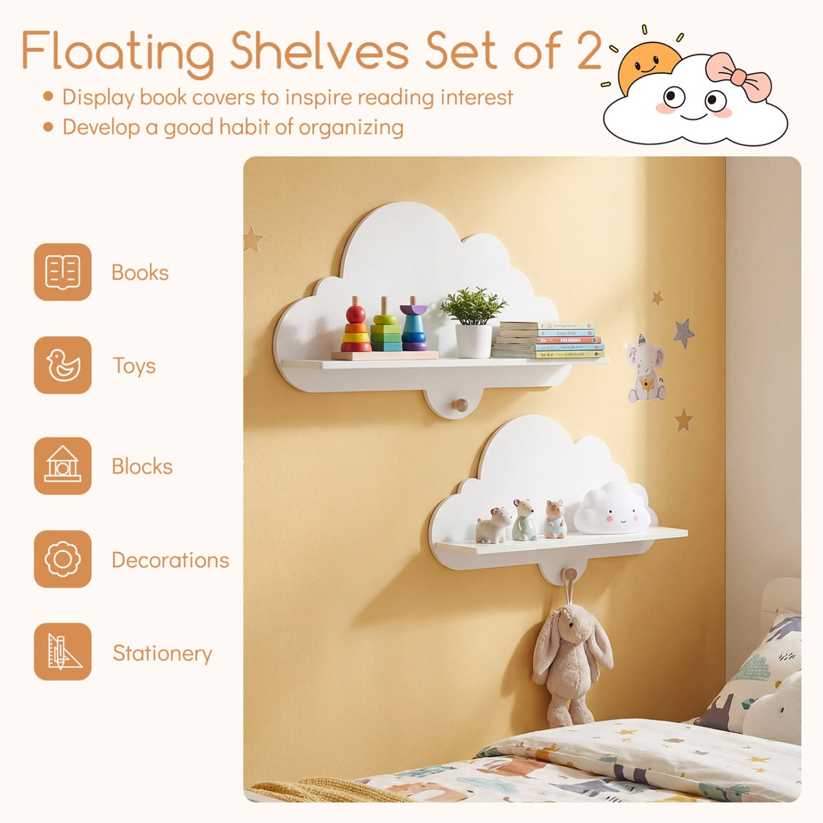 2 Pieces Floating Cloud Shelves Wall Mounted Storage Display Rack-White-Kids Storage-DECOROLALA