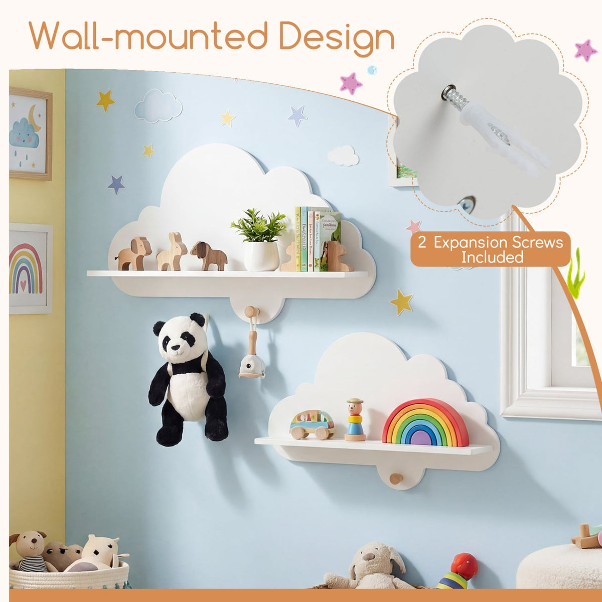2 Pieces Floating Cloud Shelves Wall Mounted Storage Display Rack-White-Kids Storage-DECOROLALA