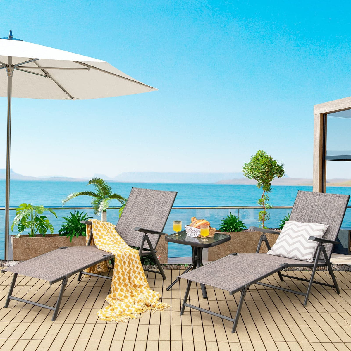 2 Pieces Foldable Chaise Lounge Chair with 2-Position Footrest-Gray-Outdoor Chaise Lounges-DECOROLALA