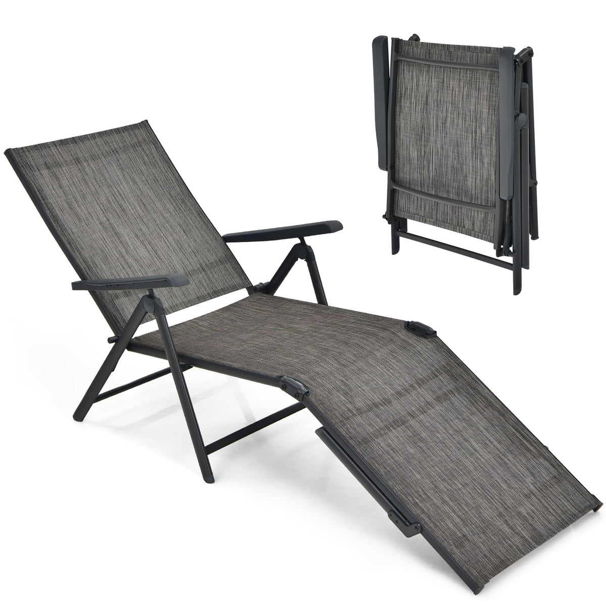 2 Pieces Foldable Chaise Lounge Chair with 2-Position Footrest-Gray-Outdoor Chaise Lounges-DECOROLALA