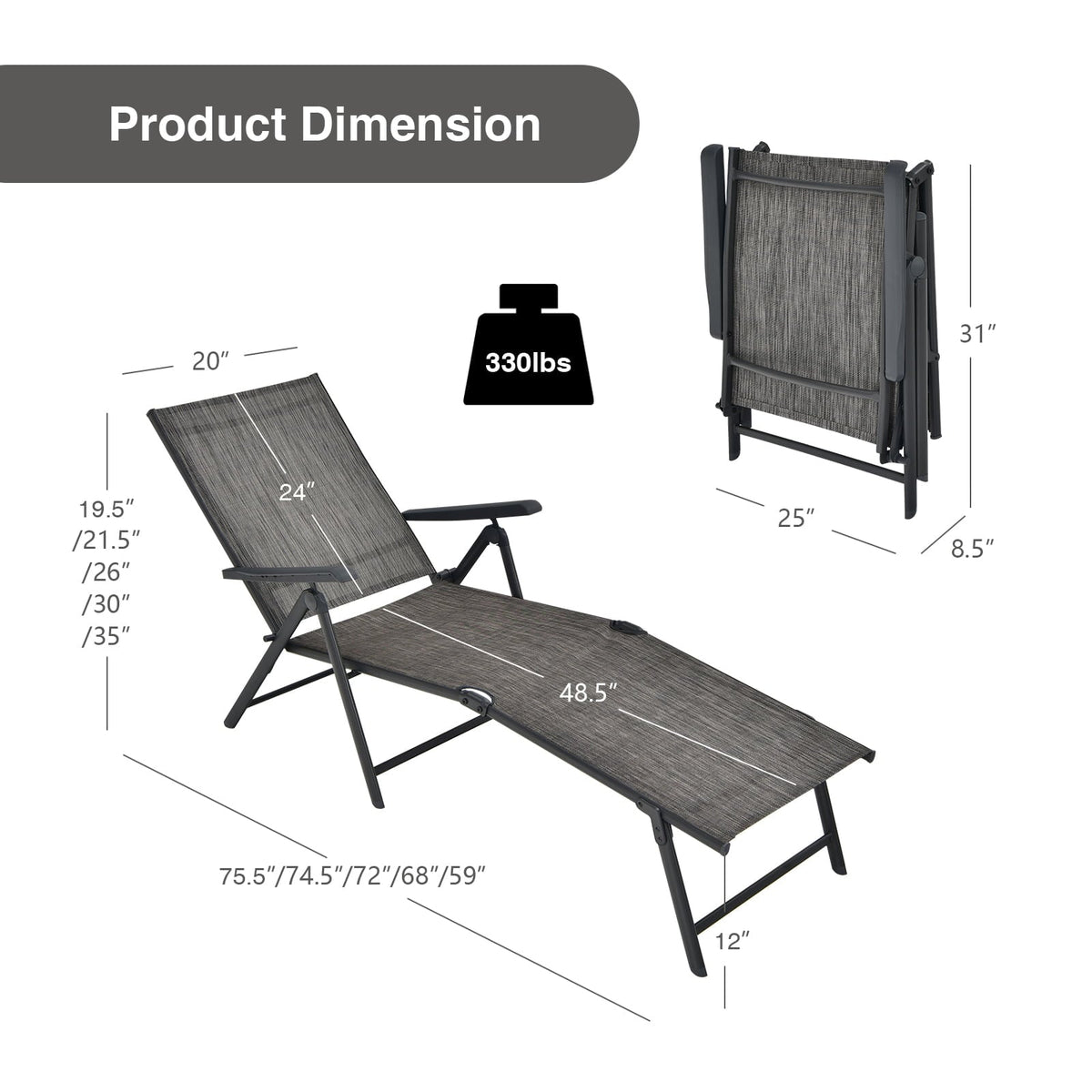 2 Pieces Foldable Chaise Lounge Chair with 2-Position Footrest-Gray-Outdoor Chaise Lounges-DECOROLALA