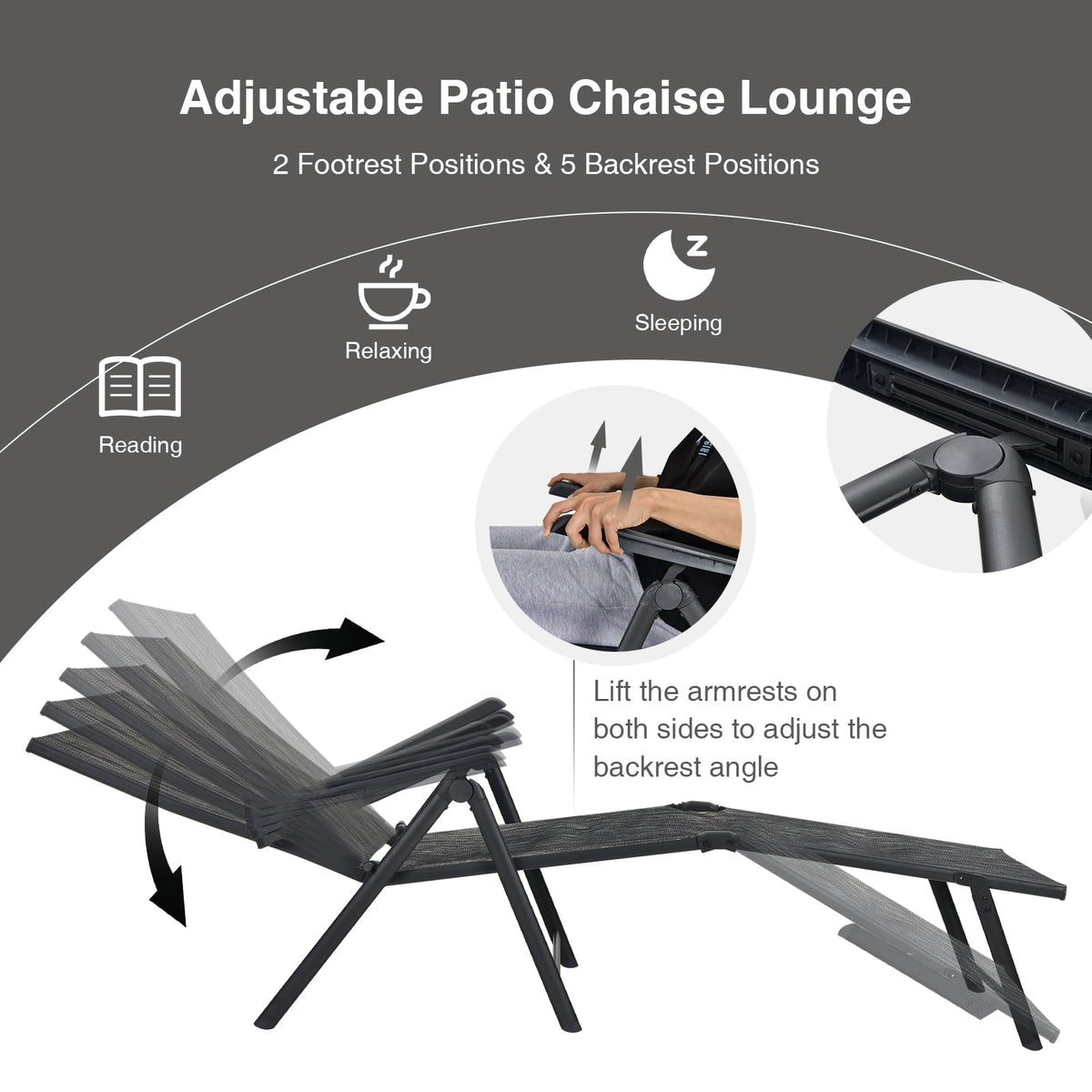 2 Pieces Foldable Chaise Lounge Chair with 2-Position Footrest-Gray-Outdoor Chaise Lounges-DECOROLALA