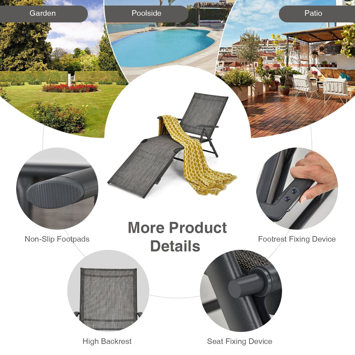 2 Pieces Foldable Chaise Lounge Chair with 2-Position Footrest-Gray-Outdoor Chaise Lounges-DECOROLALA