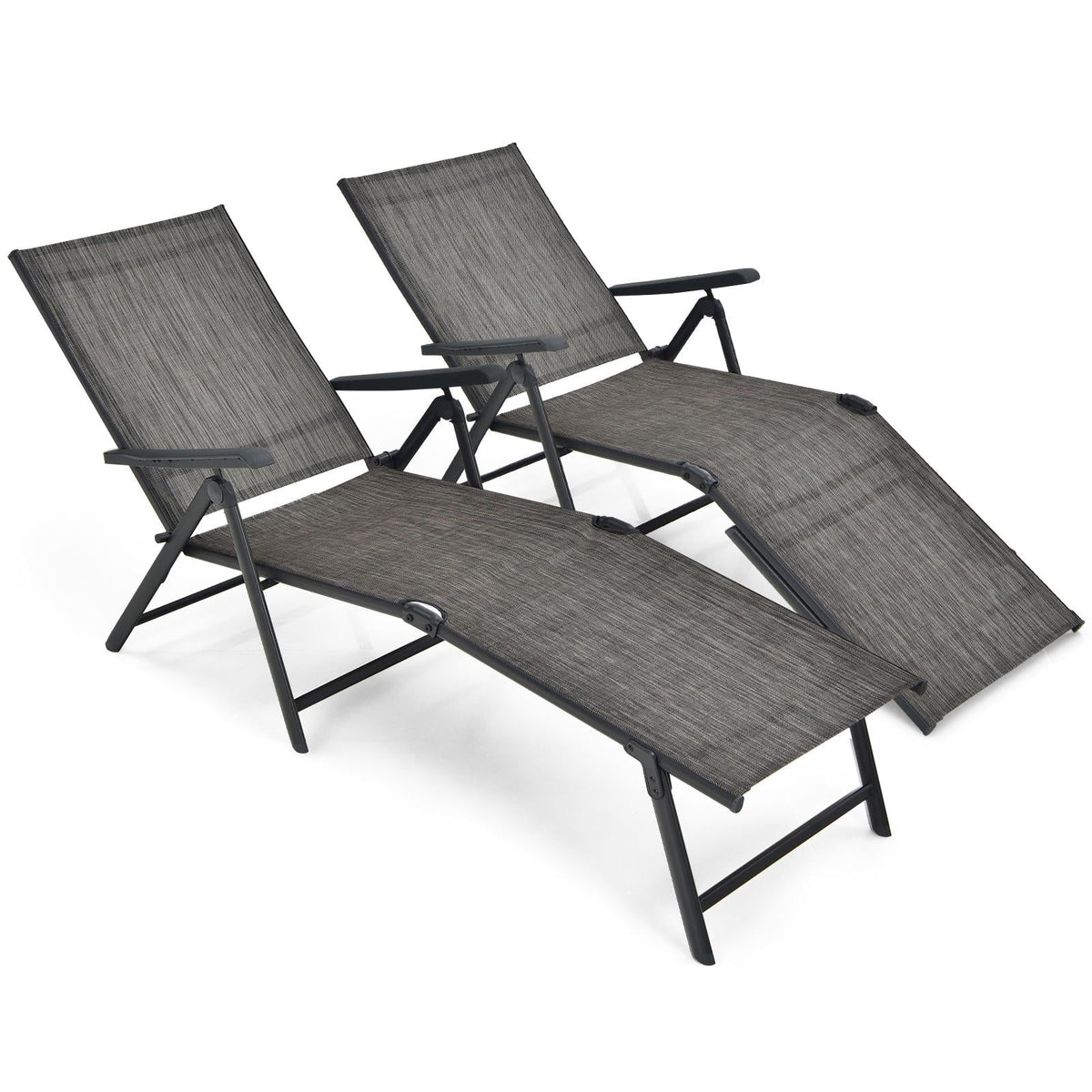 2 Pieces Foldable Chaise Lounge Chair with 2-Position Footrest-Gray-Outdoor Chaise Lounges-DECOROLALA