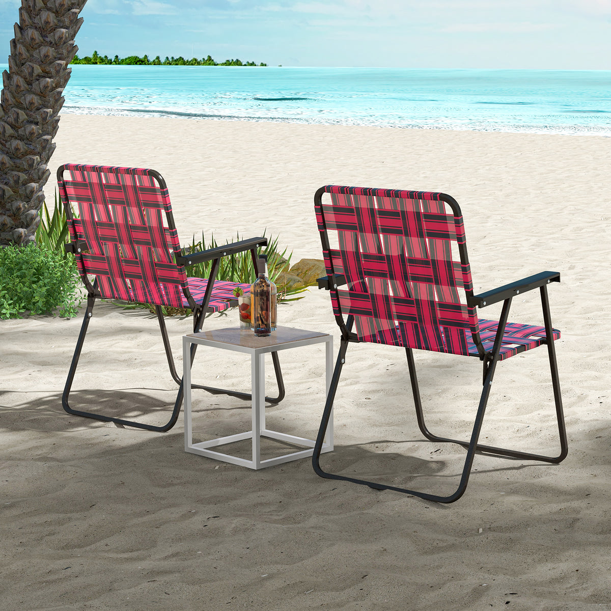 2 Pieces Folding Beach Chair Camping Lawn Webbing Chair-Red-Beach & Lawn Chairs-DECOROLALA