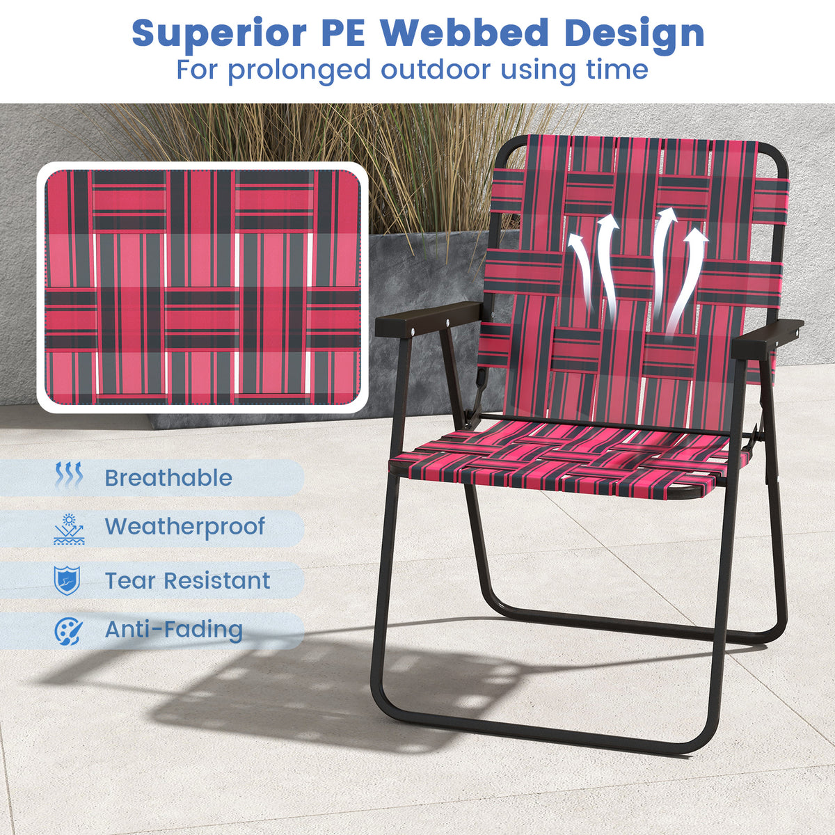 2 Pieces Folding Beach Chair Camping Lawn Webbing Chair-Red-Beach & Lawn Chairs-DECOROLALA
