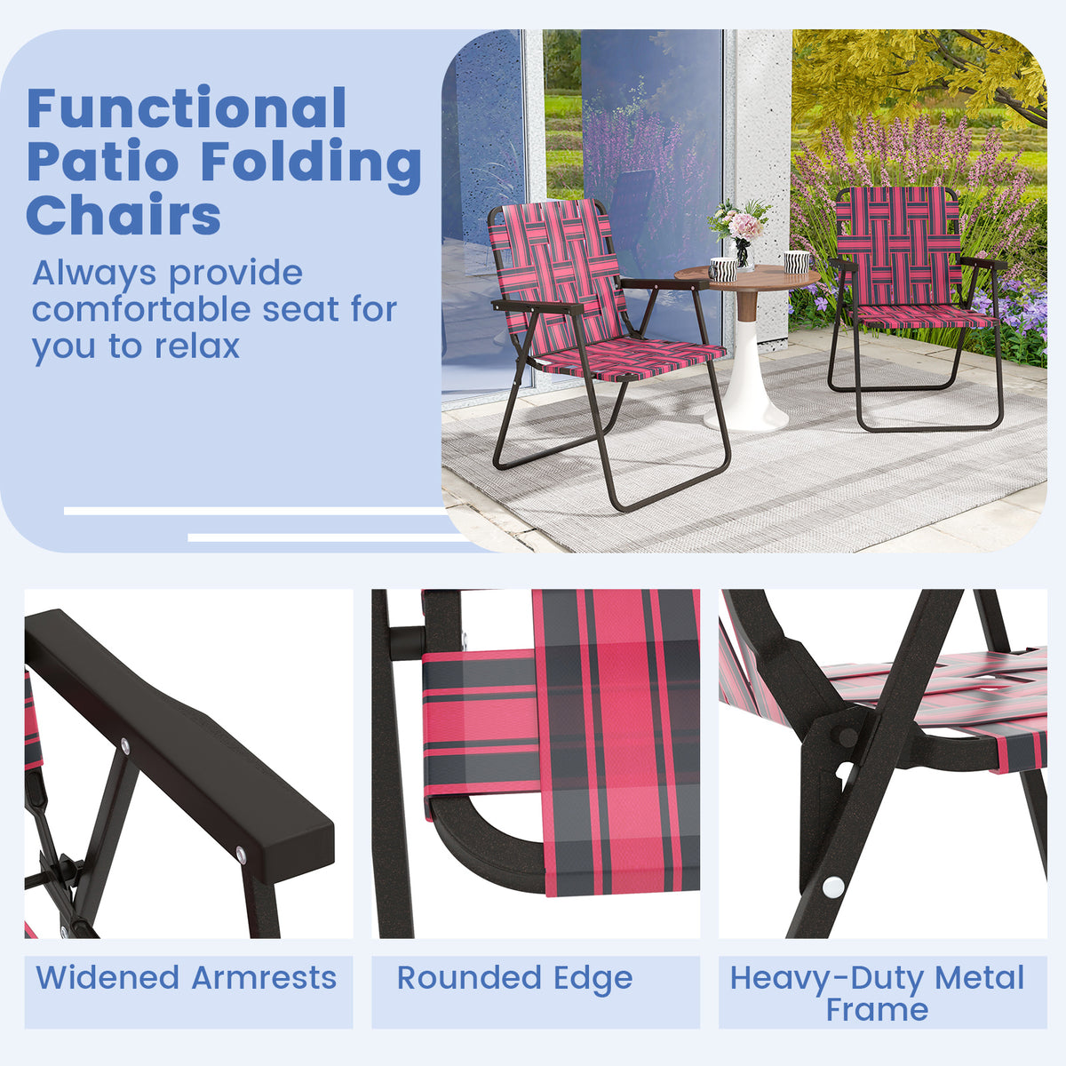 2 Pieces Folding Beach Chair Camping Lawn Webbing Chair-Red-Beach & Lawn Chairs-DECOROLALA