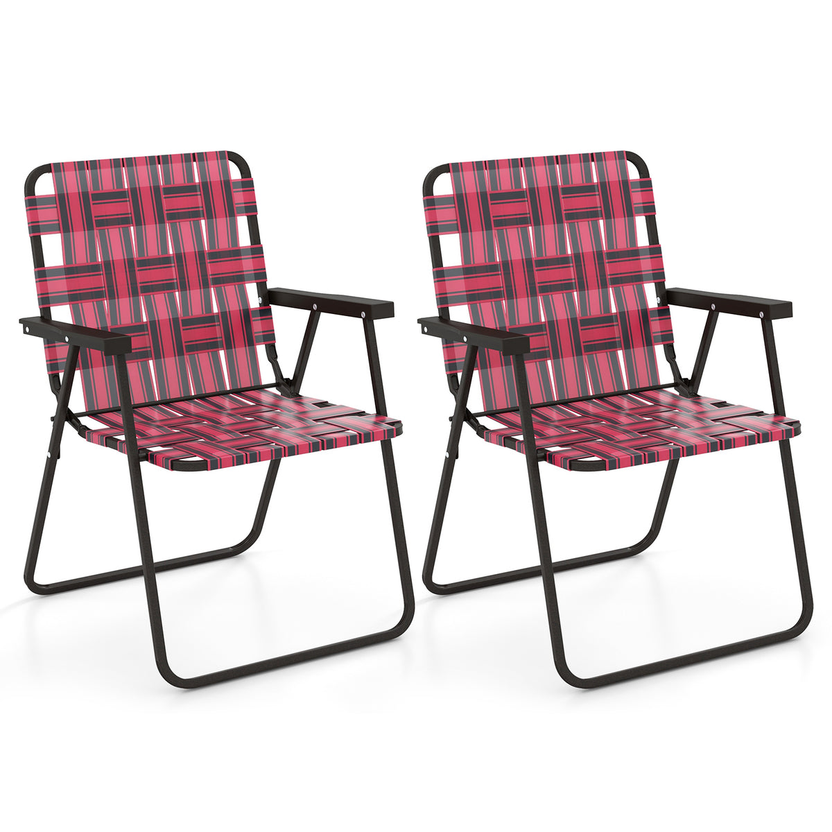 2 Pieces Folding Beach Chair Camping Lawn Webbing Chair-Red-Beach & Lawn Chairs-DECOROLALA
