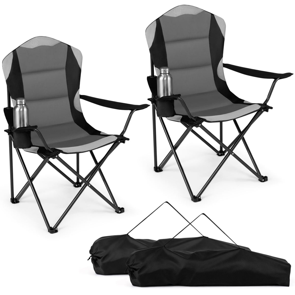 2 Pieces Folding Camping Chairs for Adults with Cup Holders-Black-Camping Furniture-DECOROLALA