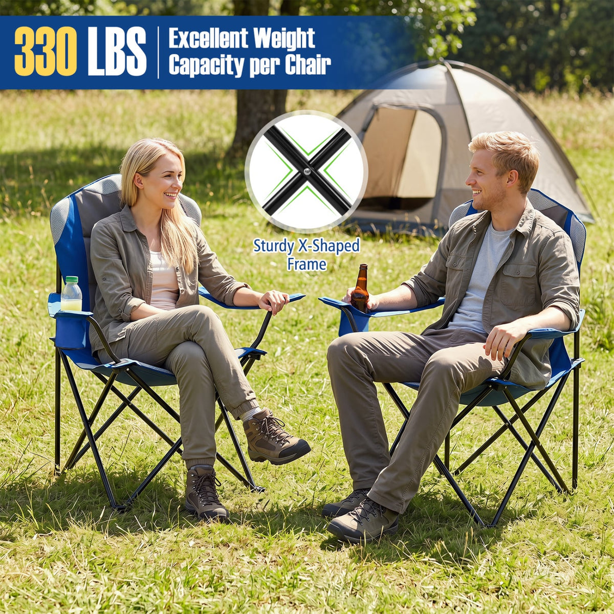 2 Pieces Folding Camping Chairs for Adults with Cup Holders-Navy-Camping Furniture-DECOROLALA