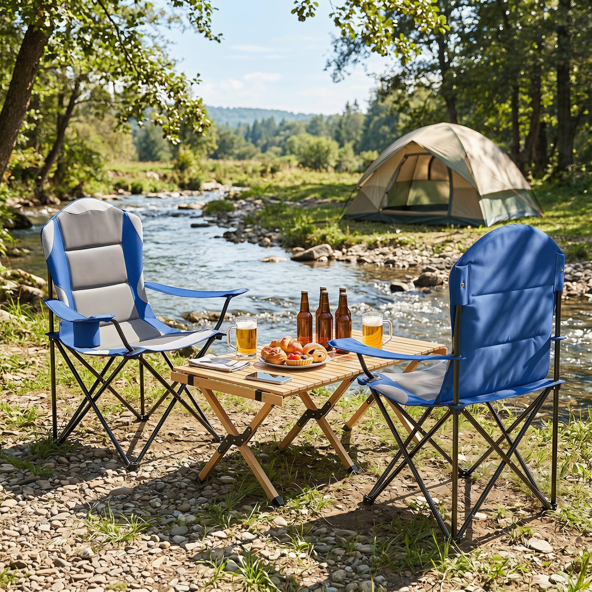 2 Pieces Folding Camping Chairs for Adults with Cup Holders-Navy-Camping Furniture-DECOROLALA