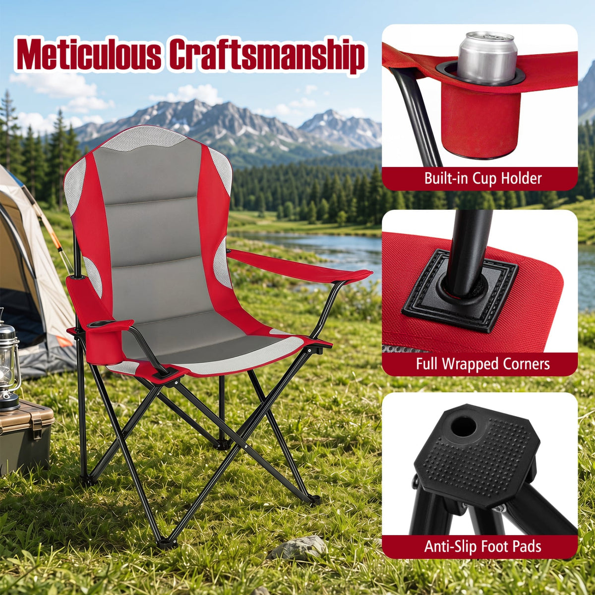 2 Pieces Folding Camping Chairs for Adults with Cup Holders-Red-Camping Furniture-DECOROLALA