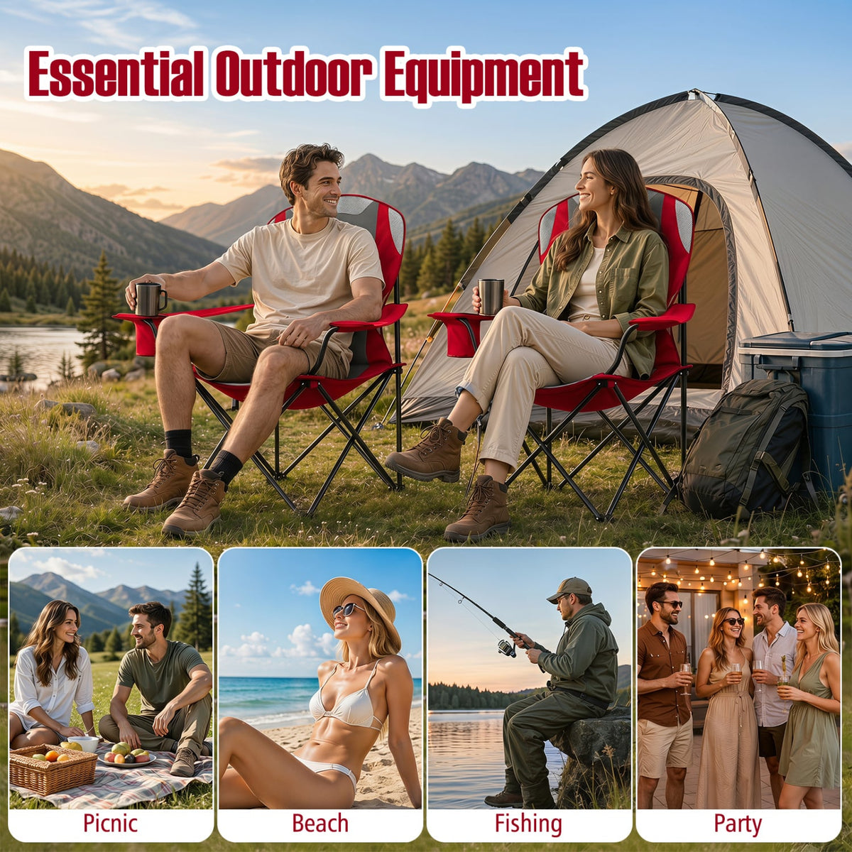 2 Pieces Folding Camping Chairs for Adults with Cup Holders-Red-Camping Furniture-DECOROLALA
