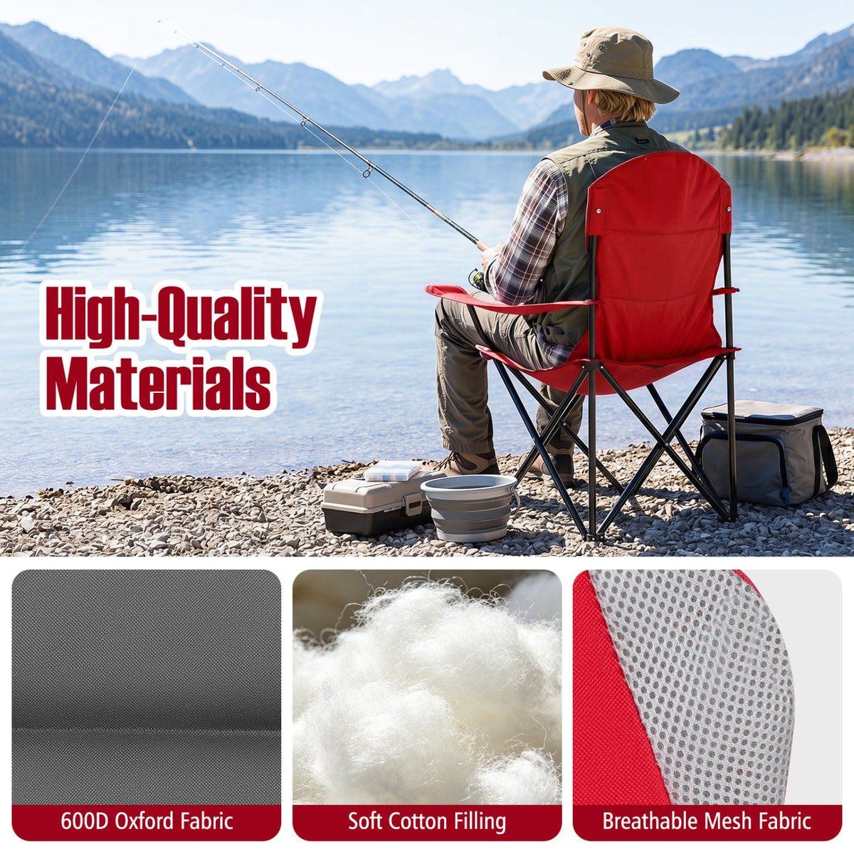 2 Pieces Folding Camping Chairs for Adults with Cup Holders-Red-Camping Furniture-DECOROLALA