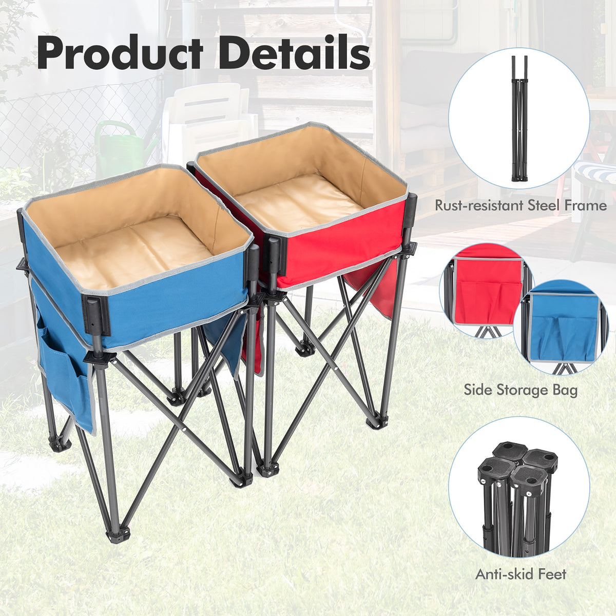 2 Pieces Folding Camping Tables with Large Capacity Storage Sink for Picnic-BlueRed-Camping Furniture-DECOROLALA