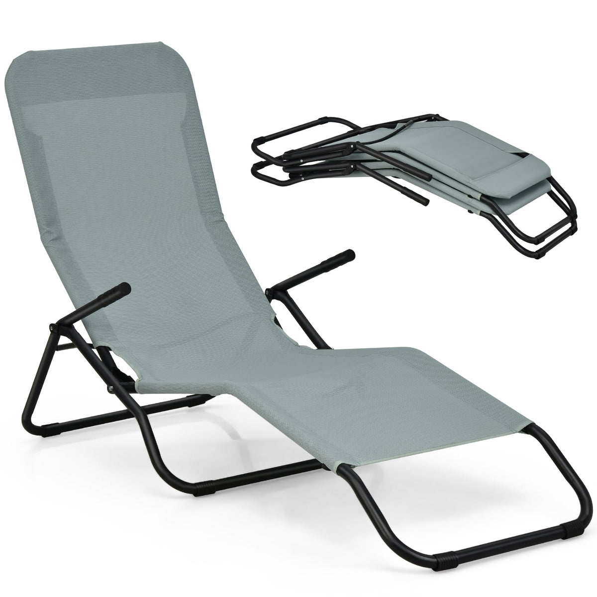 2 Pieces Folding Portable Patio Chaise Lounger with Rocking Design-Light Green-Outdoor Chaise Lounges-DECOROLALA