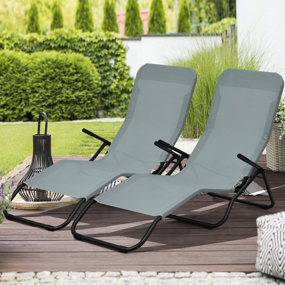 2 Pieces Folding Portable Patio Chaise Lounger with Rocking Design-Light Green-Outdoor Chaise Lounges-DECOROLALA