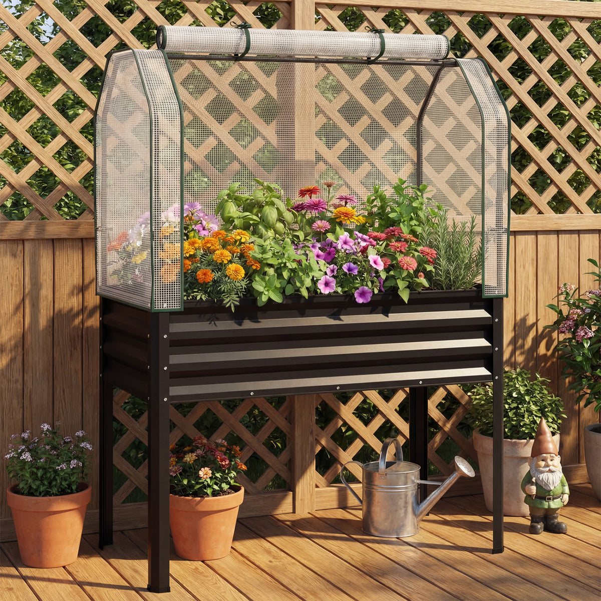 2 Pieces Galvanized Raised Garden Bed with Legs and Greenhouse Cover for Vegetable Flower-Black-Raised Garden Beds-DECOROLALA