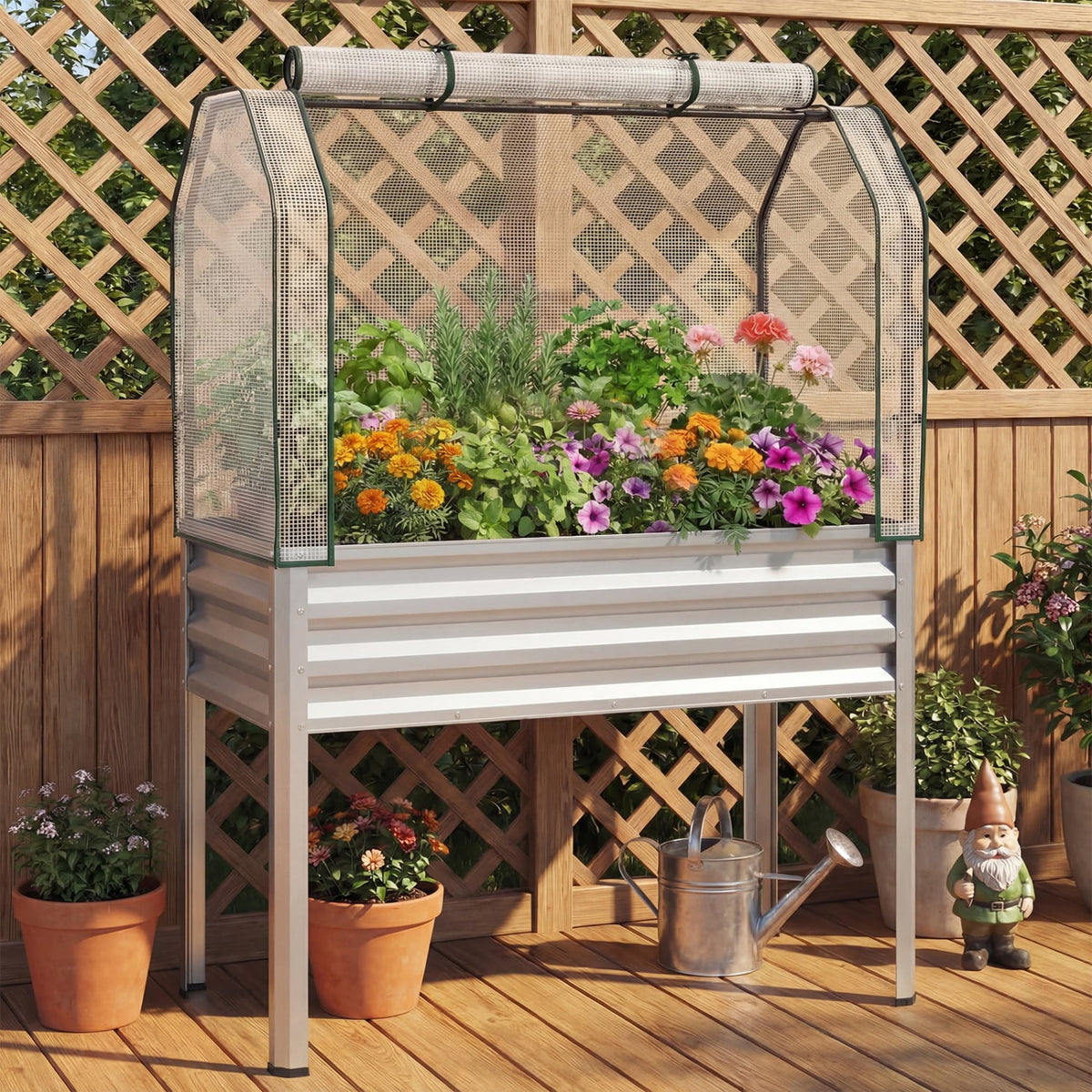 2 Pieces Galvanized Raised Garden Bed with Legs and Greenhouse Cover for Vegetable Flower-Silver-Raised Garden Beds-DECOROLALA