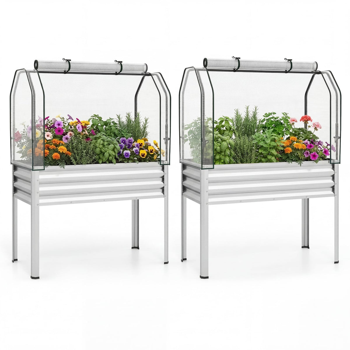 2 Pieces Galvanized Raised Garden Bed with Legs and Greenhouse Cover for Vegetable Flower-Silver-Raised Garden Beds-DECOROLALA