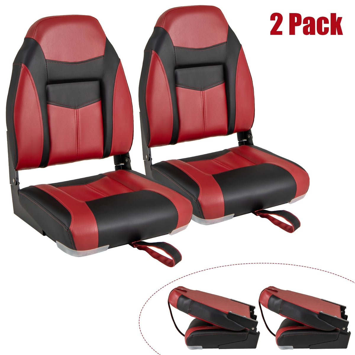2 Pieces High Back Folding Boat Seat Set with Sponge Cushion-Red-Water Sports-DECOROLALA