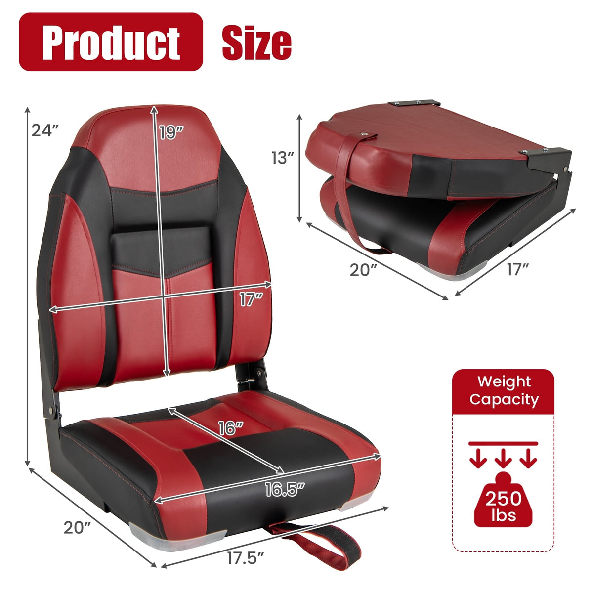 2 Pieces High Back Folding Boat Seat Set with Sponge Cushion-Red-Water Sports-DECOROLALA