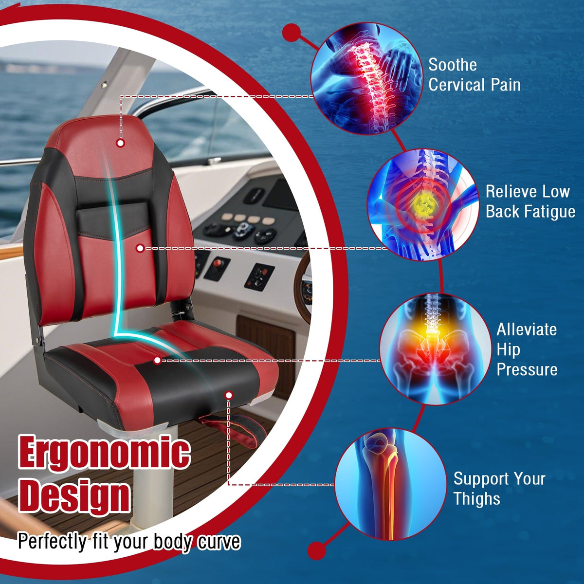 2 Pieces High Back Folding Boat Seat Set with Sponge Cushion-Red-Water Sports-DECOROLALA