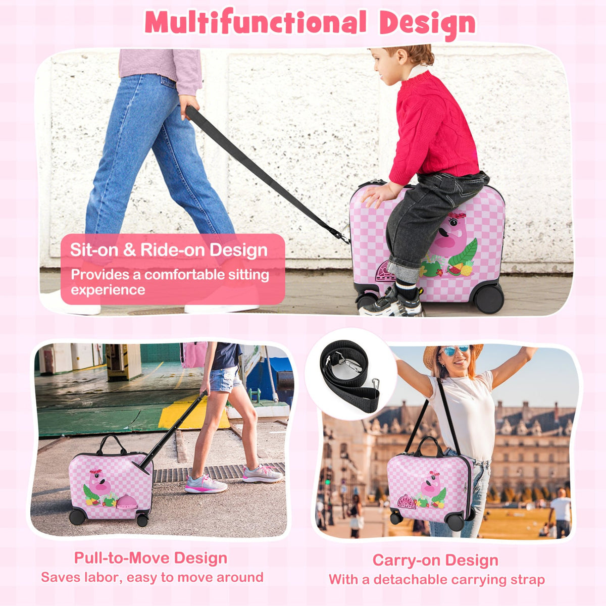 2 Pieces Kid Luggage Set with Spinner Wheels and Aluminum Handle-White & Pink-Kids Suitcases-DECOROLALA