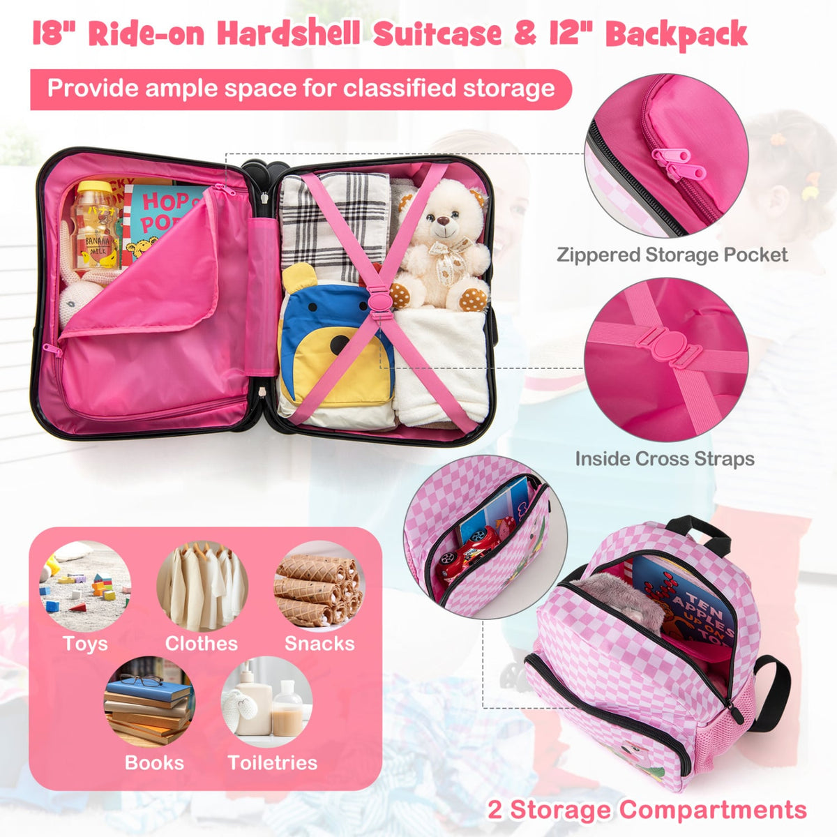 2 Pieces Kid Luggage Set with Spinner Wheels and Aluminum Handle-White & Pink-Kids Suitcases-DECOROLALA