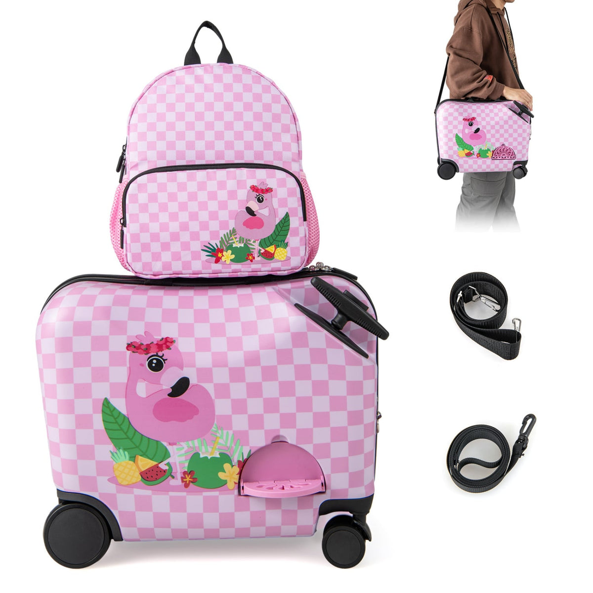 2 Pieces Kid Luggage Set with Spinner Wheels and Aluminum Handle-White & Pink-Kids Suitcases-DECOROLALA