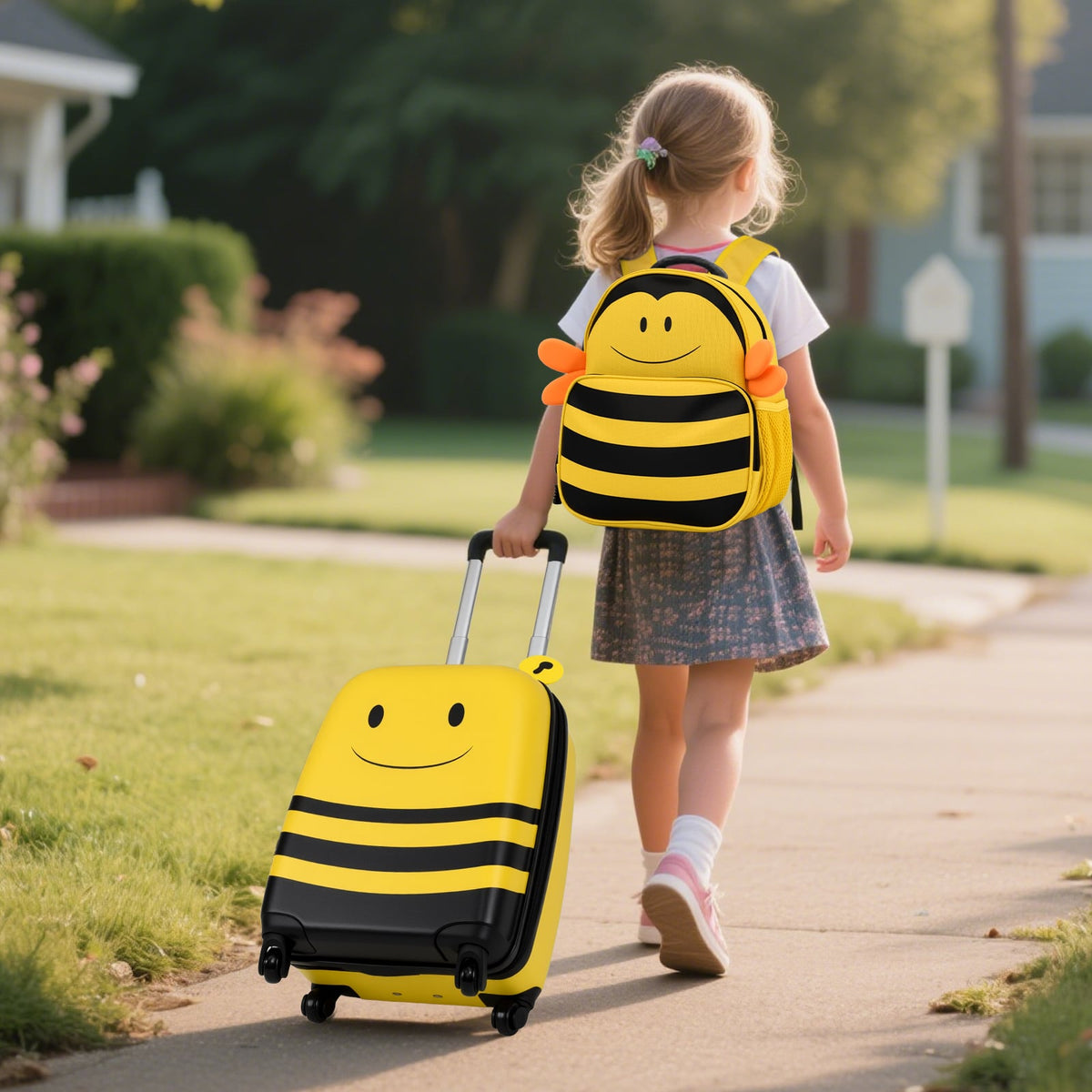 2 Pieces Kids Luggage Set on Wheels with Anti-Lose Rope and Retractable Rod-Yellow-Kids Suitcases-DECOROLALA