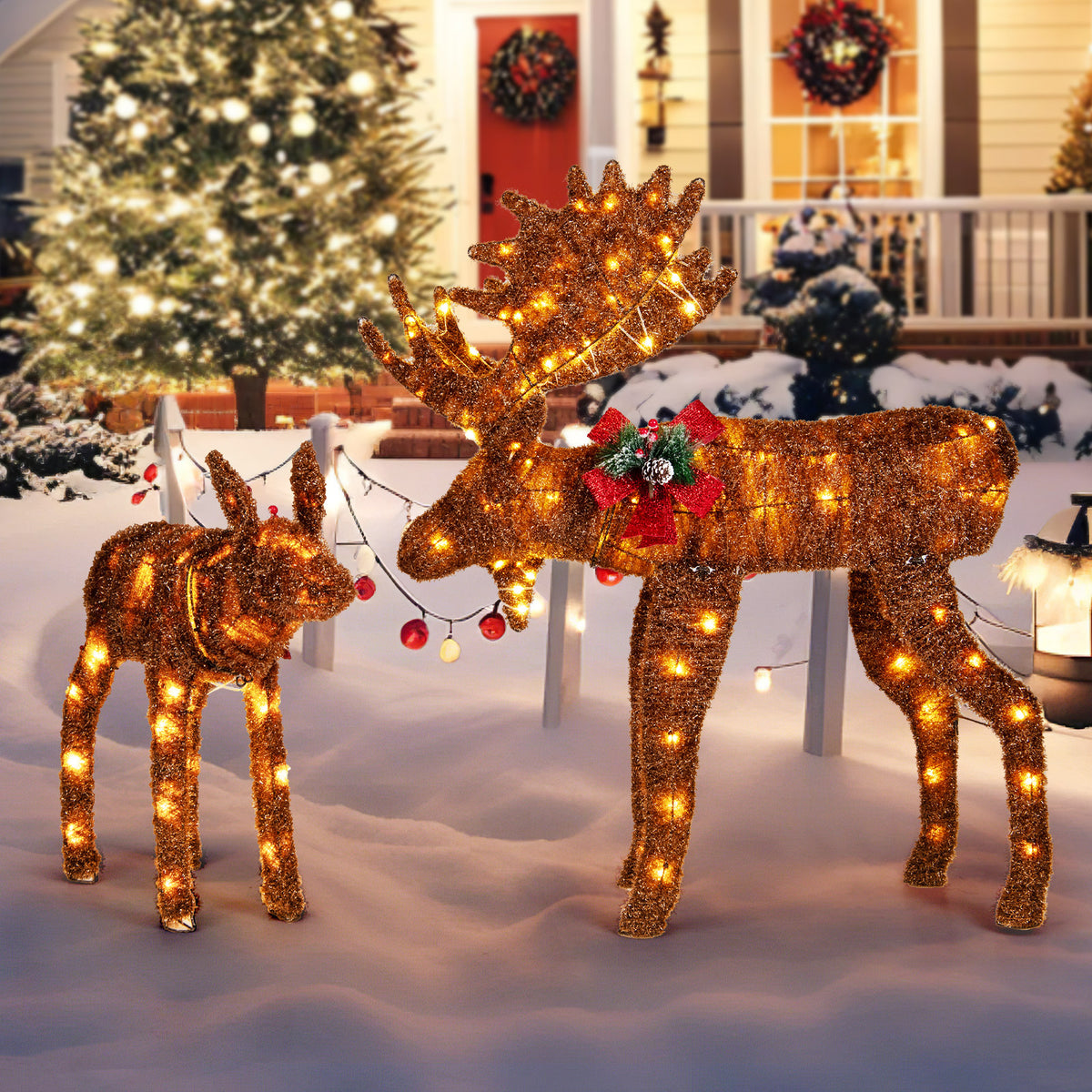 2 Pieces Lighted Moose Family with 170 LED Lights and Zip Ties-Christmas Decorations & Accessories-DECOROLALA